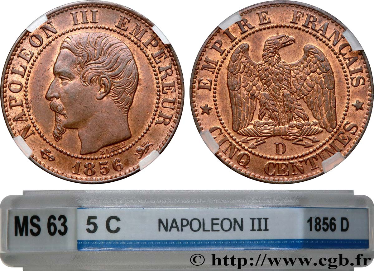 Cinq centimes Napoléon III, tête nue 1856 Lyon F.116/33 fST63 GENI