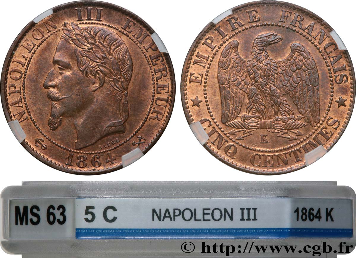 Cinq centimes Napoléon III, tête laurée 1864 Bordeaux F.117/15 SPL63 GENI