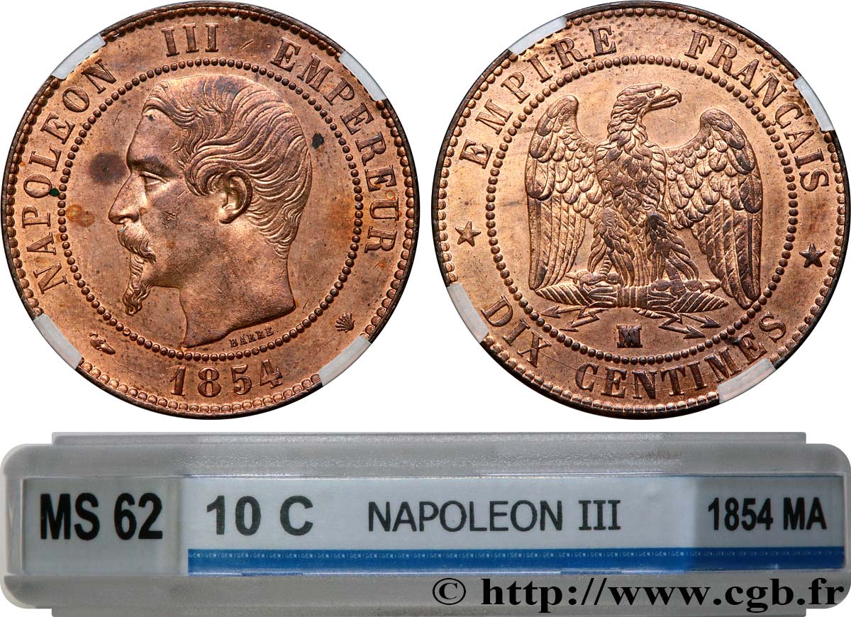 Dix centimes Napoléon III, tête nue 1854 Marseille F.133/17 MS62 GENI