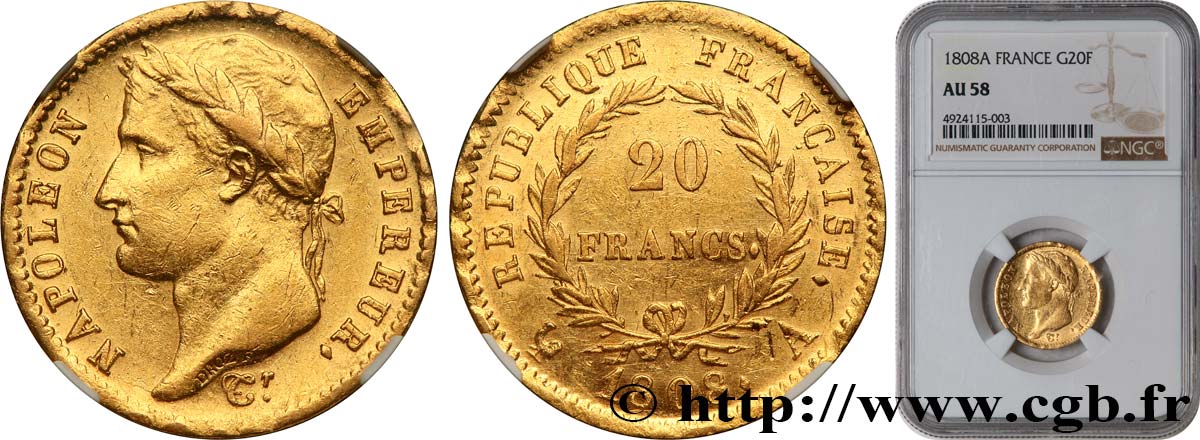 20 francs or Napoléon tête laurée, République française 1808 Paris F.515/2 SUP58 NGC