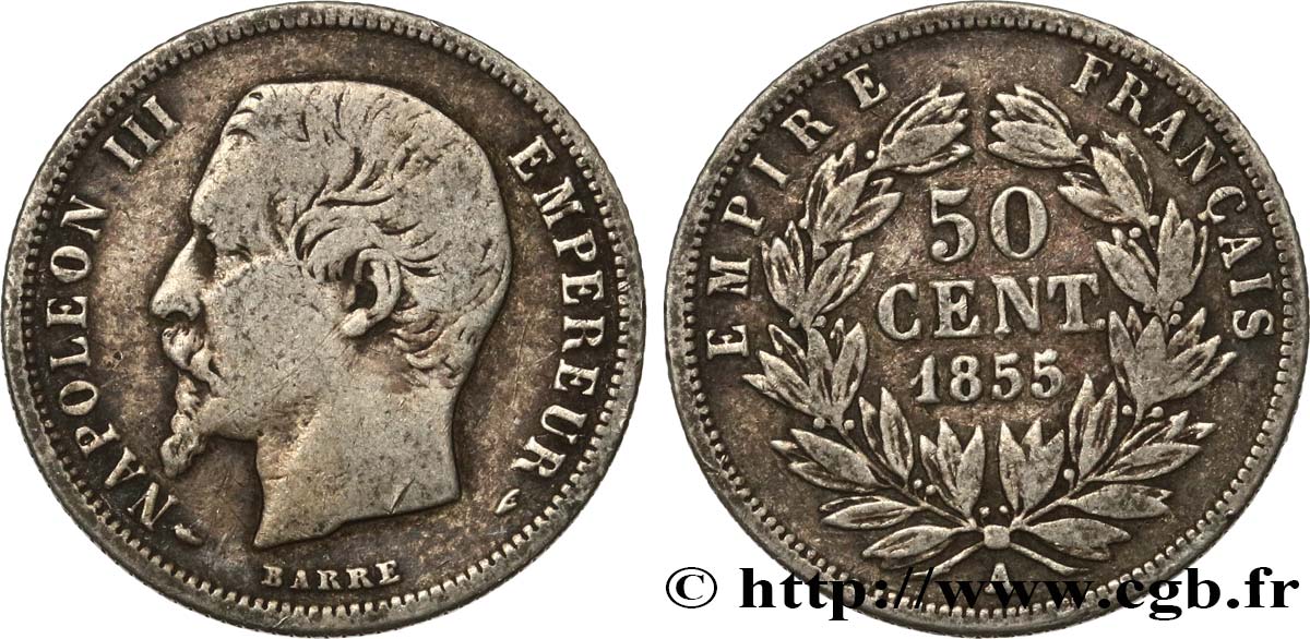 50 centimes Napoléon III, tête nue 1855 Paris F.187/3 TB20 