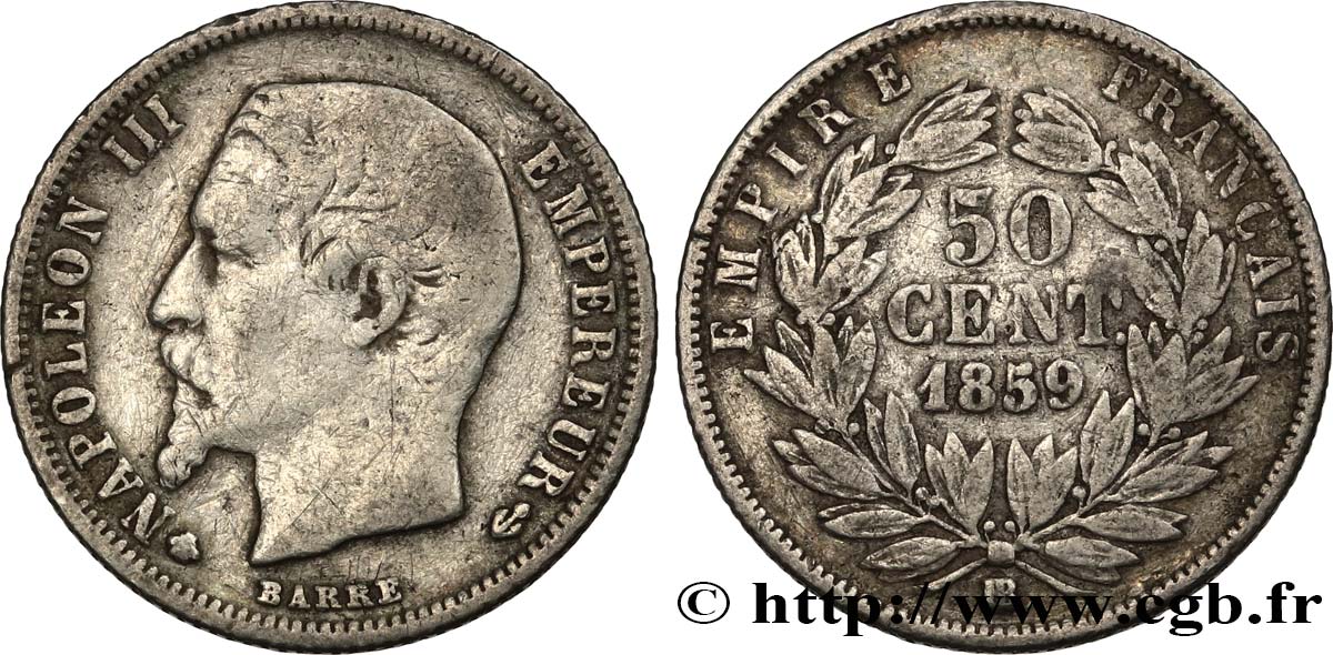 50 centimes Napoléon III, tête nue 1859 Strasbourg F.187/11 TB 
