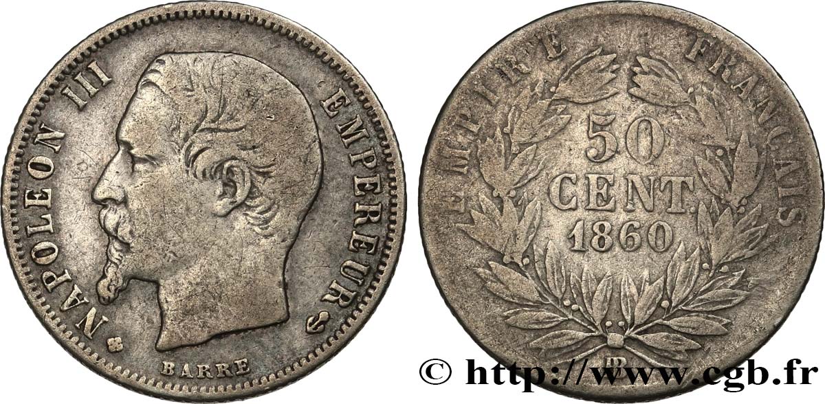 50 centimes Napoléon III, tête nue 1860 Strasbourg F.187/15 VF20 
