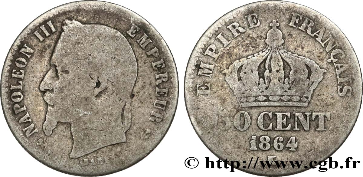 50 centimes Napoléon III, tête laurée 1864 Bordeaux F.188/4 SGE8 