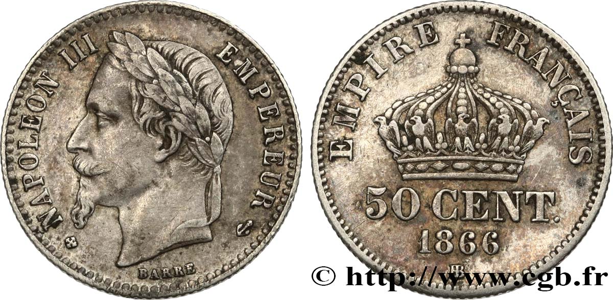 50 centimes Napoléon III, tête laurée 1866 Strasbourg F.188/10 AU50 