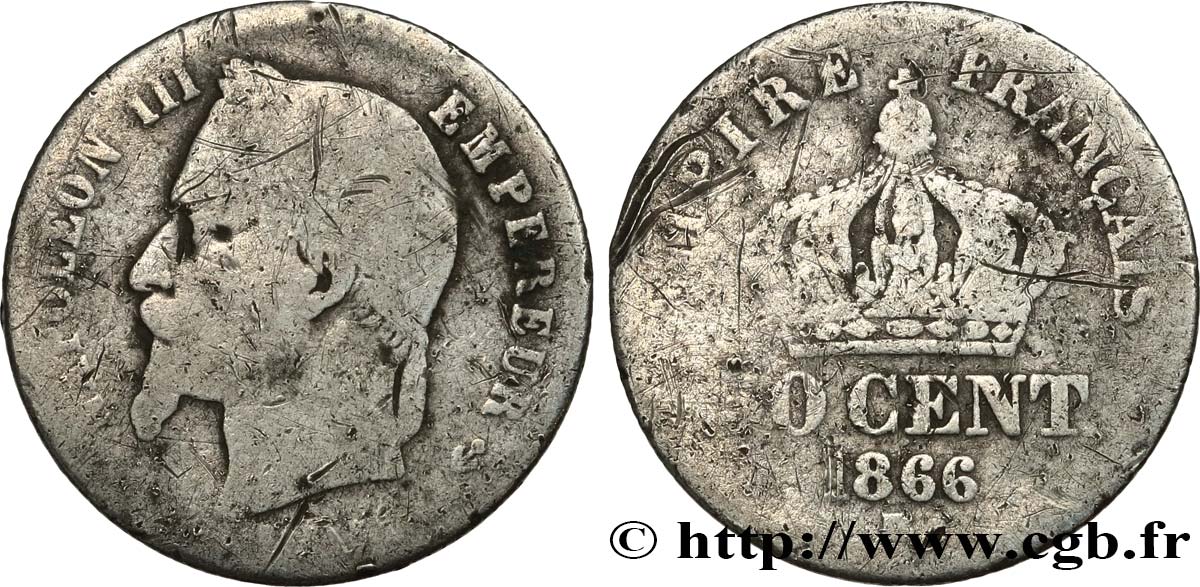 50 centimes Napoléon III, tête laurée 1866 Bordeaux F.188/11 AB 