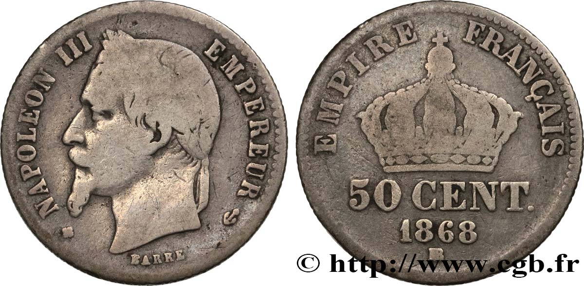 50 centimes Napoléon III, tête laurée 1868 Strasbourg F.188/21 RC12 