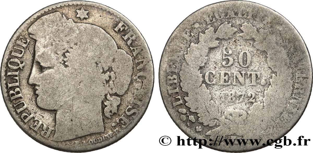 50 centimes Cérès, IIIe République 1872 Bordeaux F.189/4 VG8 