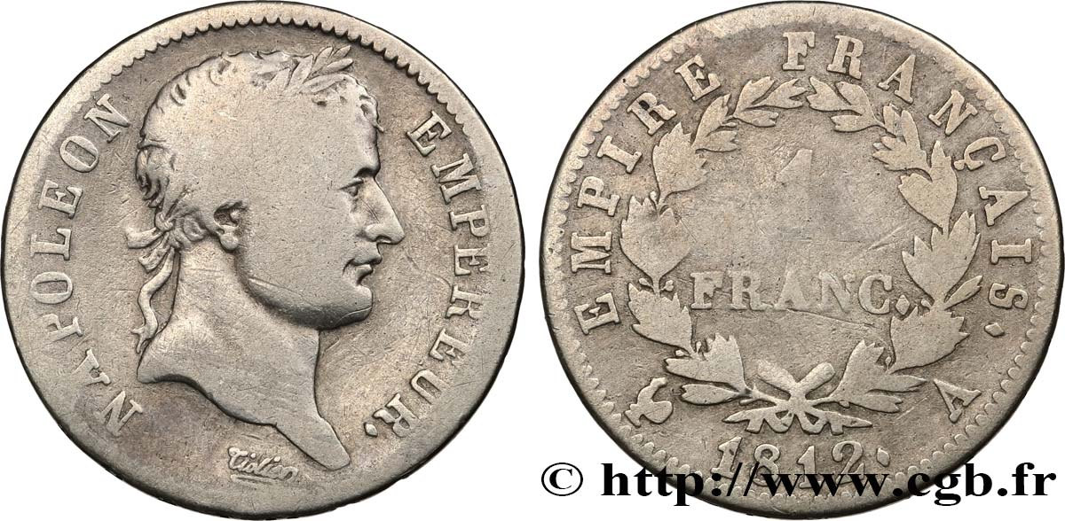 1 franc Napoléon Ier tête laurée, Empire français 1812 Paris F.205/42 B12 