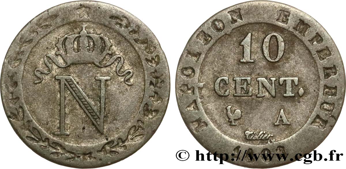 10 cent. à l N couronnée, frappe médaille 1808 Paris F.130/2 TB30 