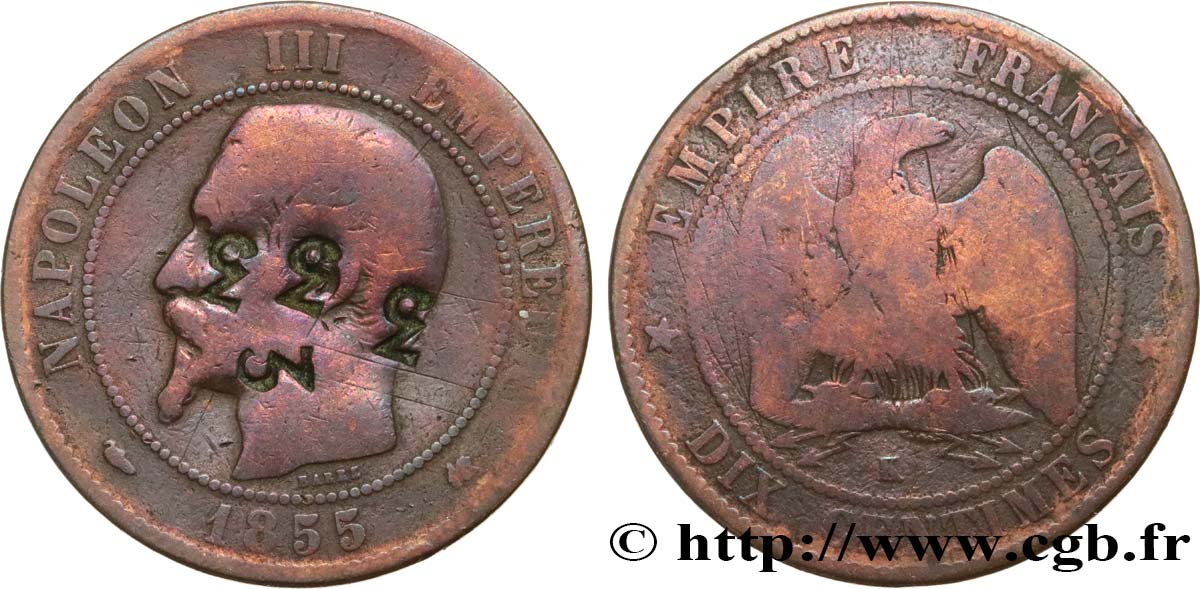 Dix centimes Napoléon III, tête nue 1855 Bordeaux F.133/27 RC 