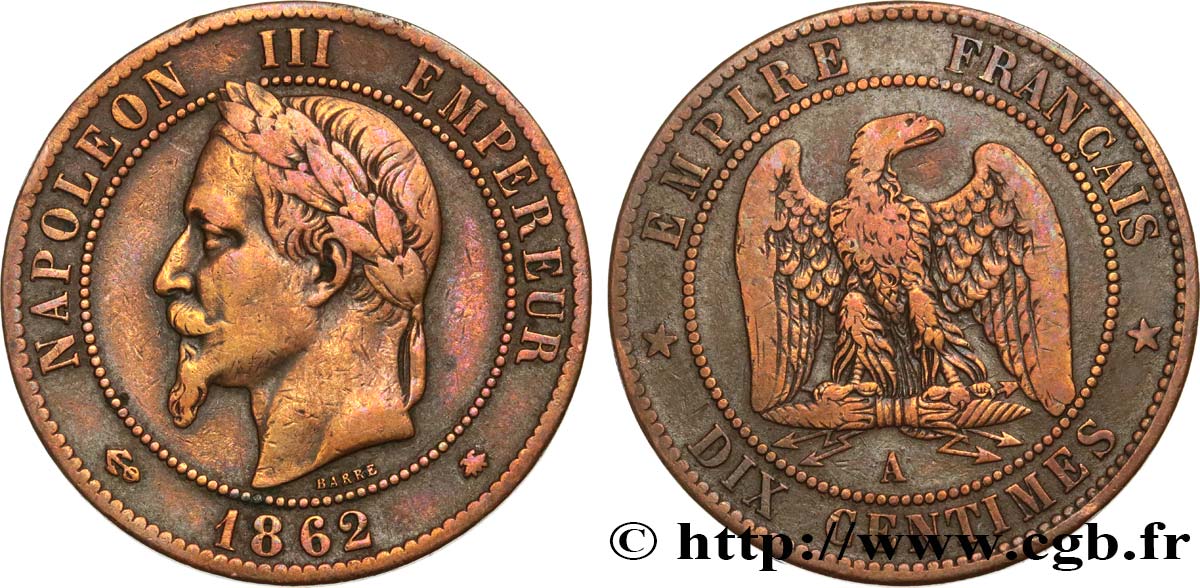 Dix centimes Napoléon III, tête laurée 1862 Paris F.134/7 VF 