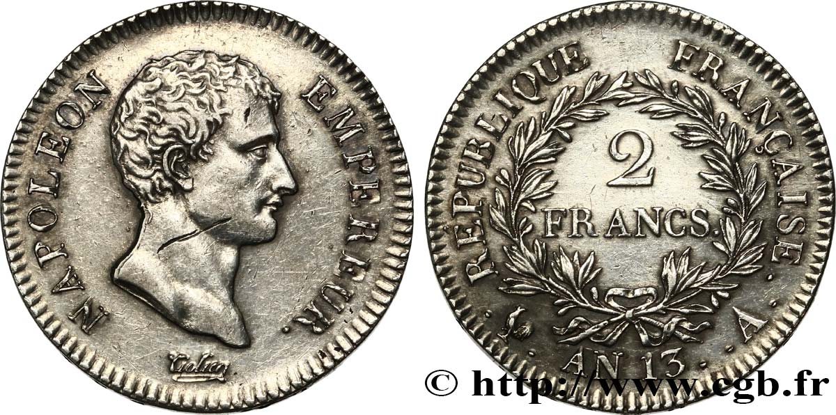 2 francs Napoléon Empereur, Calendrier révolutionnaire 1805 Paris F.251/12 TTB+ 