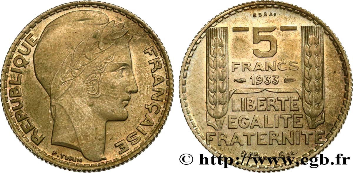 Concours de 5 francs, essai de Turin en cupro-nickel 1933 Paris GEM.140 12 EBC60 