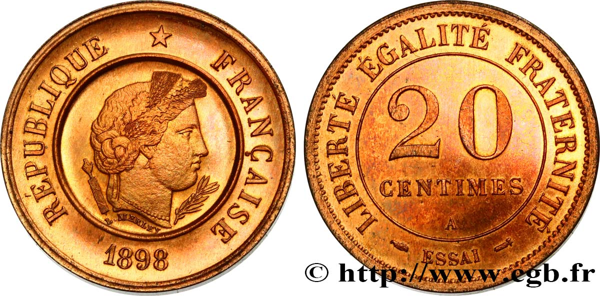 Essai de 20 centimes Merley 1898 Paris GEM.50 18 FDC 