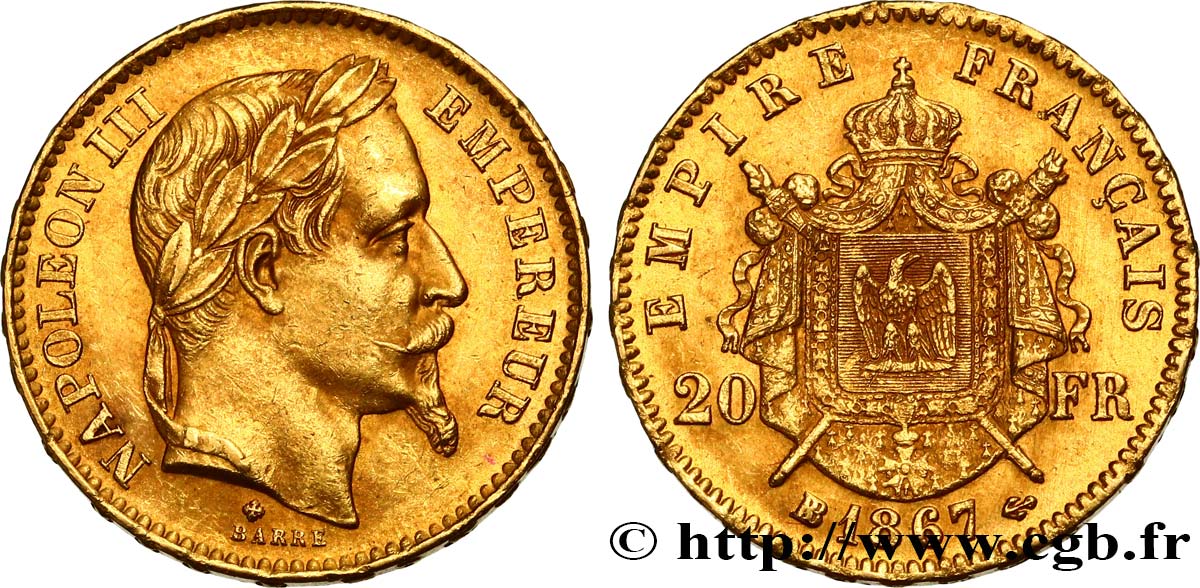 20 francs or Napoléon III, tête laurée, grand BB 1867 Strasbourg F.532/17 SPL55 