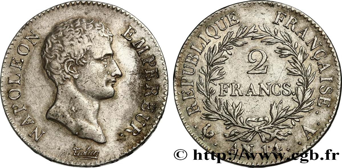 2 francs Napoléon Empereur, Calendrier révolutionnaire 1805 Paris F.251/27 XF 