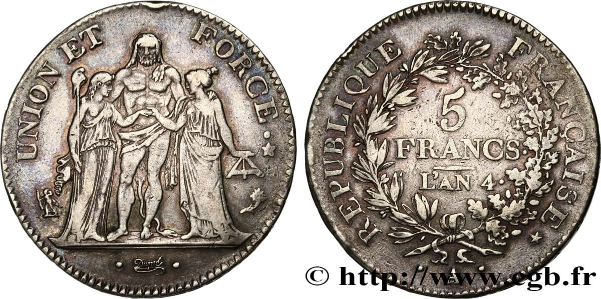 5 francs Union et Force, Union serré, avec glands intérieurs et gland extérieur 1796 Paris F.288/2 TTB40 