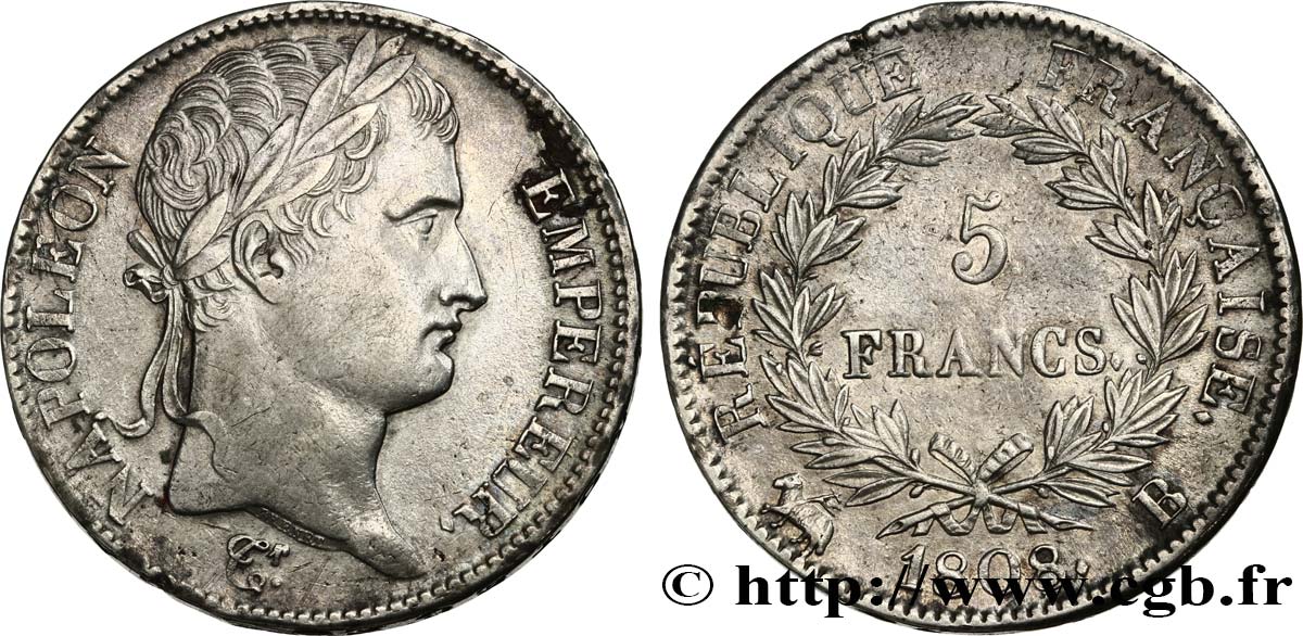 5 francs Napoléon empereur, République française 1808 Rouen F.306/3 fVZ 