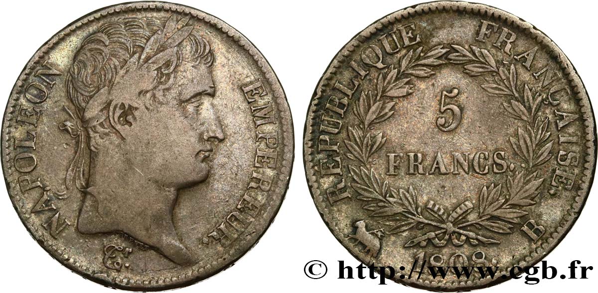 5 francs Napoléon empereur, République française 1808 Rouen F.306/3 XF40 