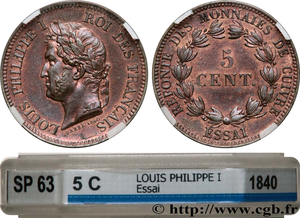 Essai de 5 centimes en bronze, signature BARRE 1840 1840  VG.2917  SC63 GENI