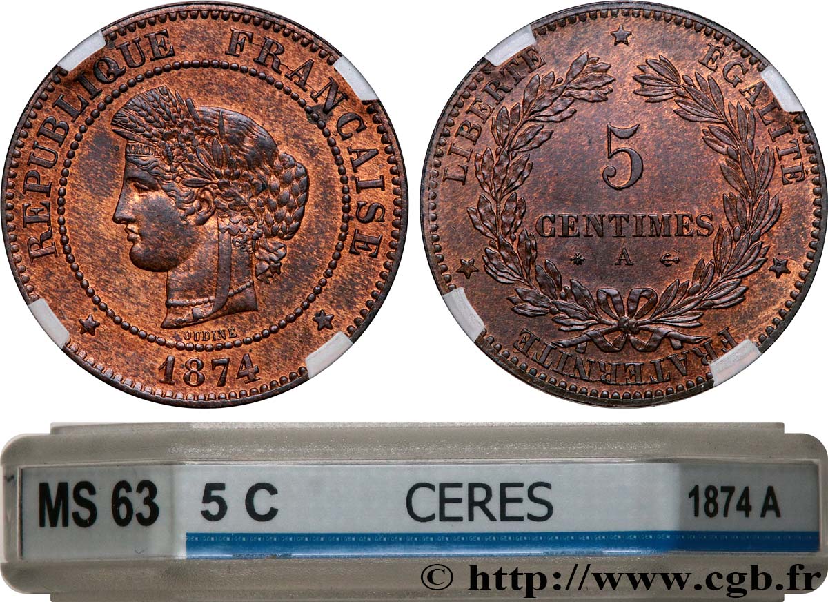 5 centimes Cérès 1874 Paris F.118/9 fST63 GENI