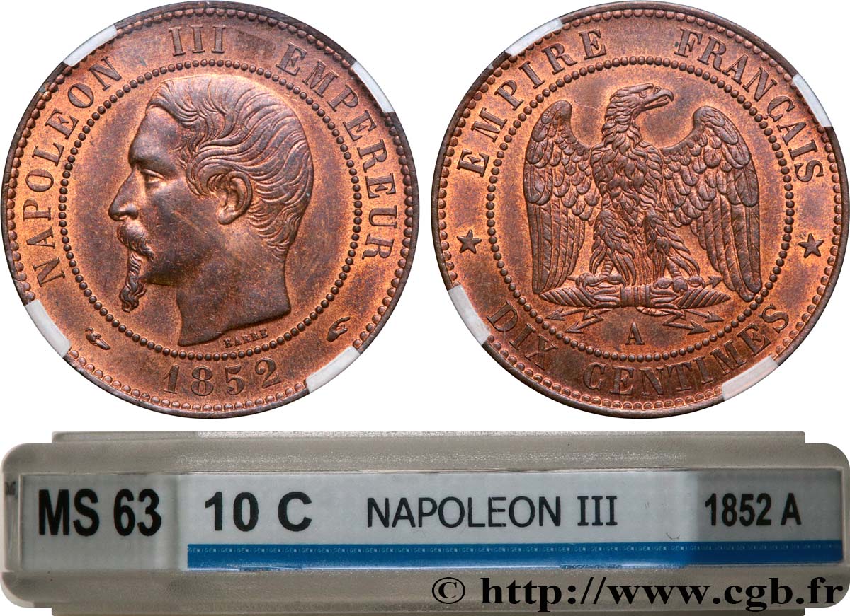 Dix centimes Napoléon III, tête nue 1852 Paris F.133/1 SPL63 GENI