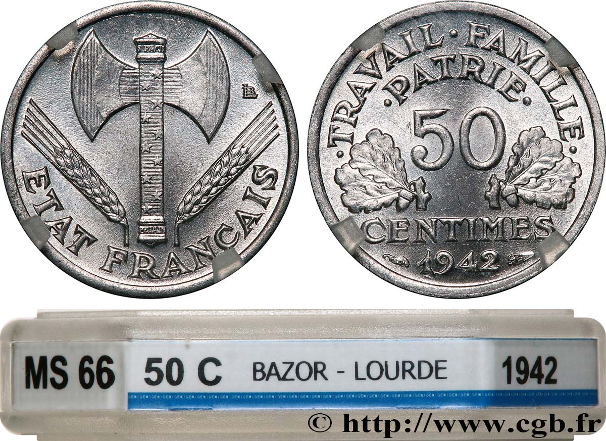 50 centimes Francisque, lourde 1942  F.195/3 MS66 GENI