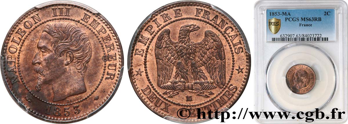 Deux centimes Napoléon III, tête nue 1853 Marseille F.107/7 fST63 PCGS