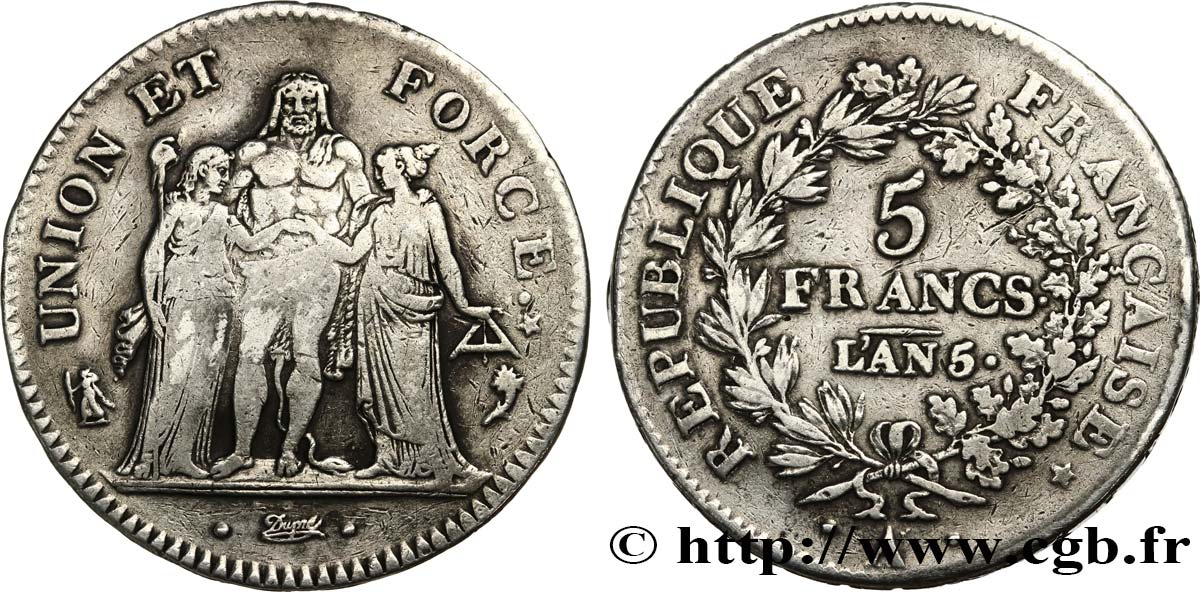 5 francs Union et Force, Union desserré, avec glands intérieurs et gland extérieur 1797 Paris F.291/3 TB+ 