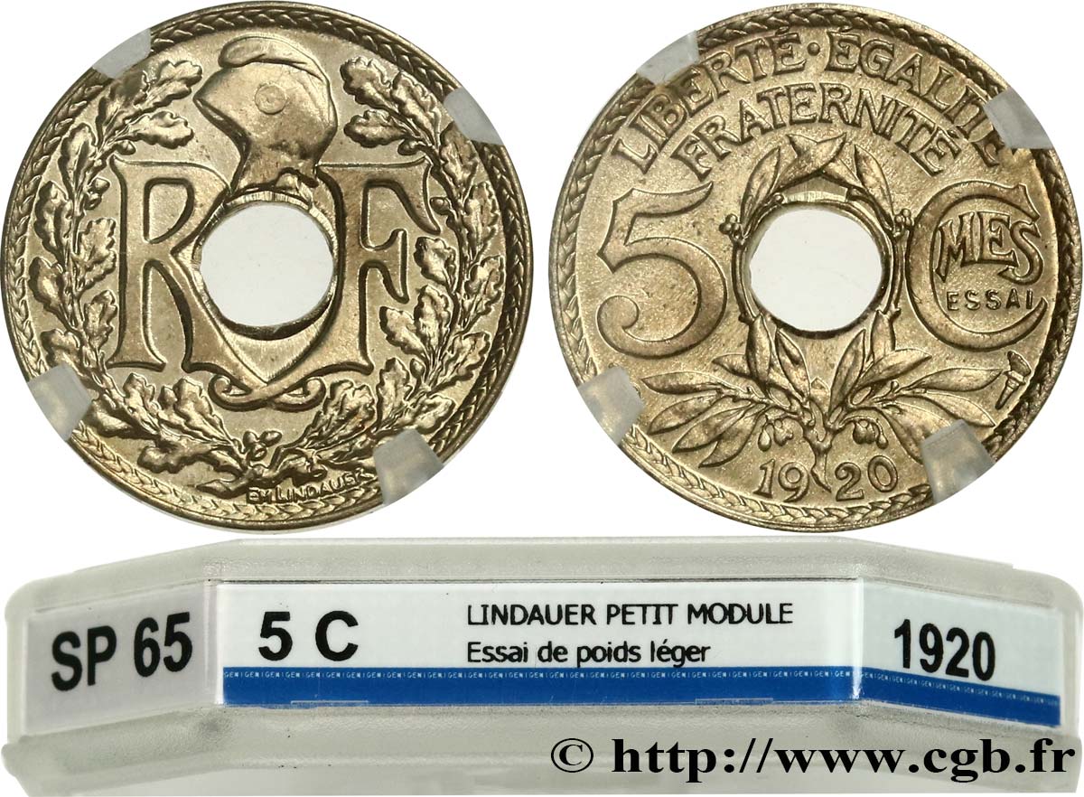 Essai de 5 centimes Lindauer petit module en cupro-nickel, poids léger 1920 Paris GEM.19 3 MS65 GENI