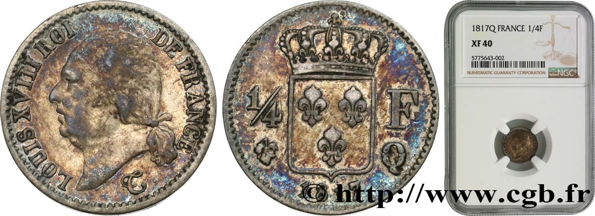 1/4 franc Louis XVIII 1817 Perpignan F.163/9 MBC40 NGC