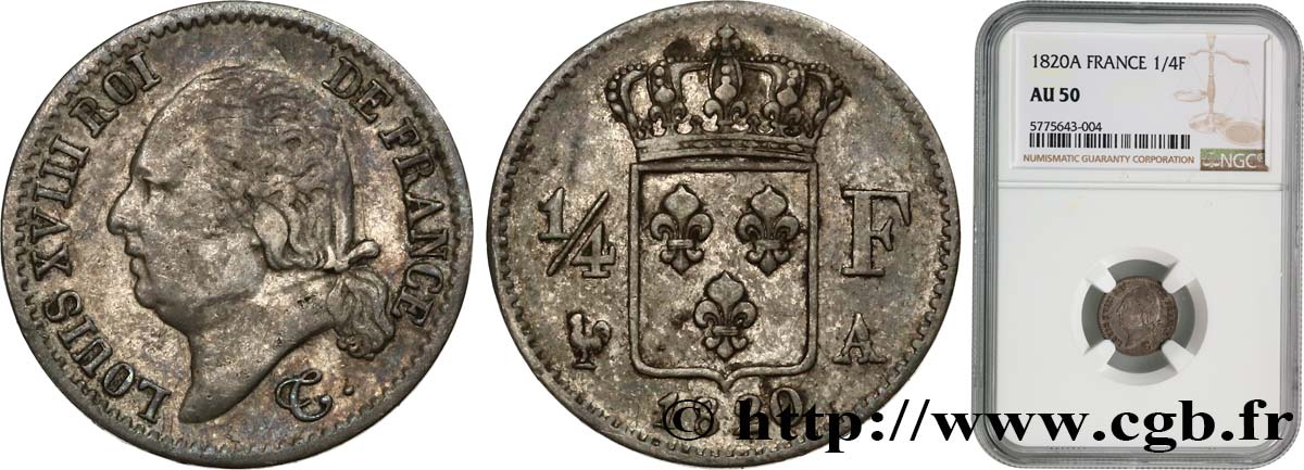 1/4 franc Louis XVIII 1820 Paris F.163/18 AU50 NGC