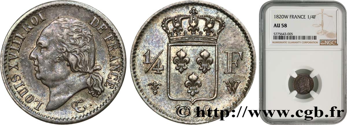 1/4 franc Louis XVIII 1820 Lille F.163/19 SPL58 NGC