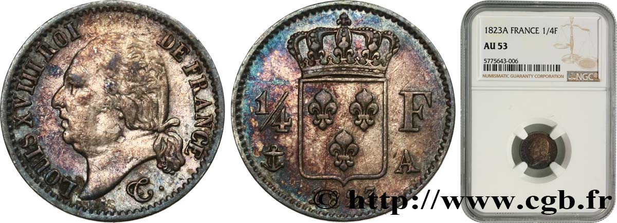 1/4 franc Louis XVIII 1823 Paris F.163/24 AU53 NGC