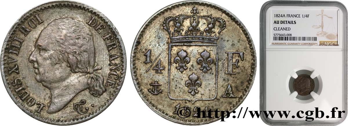 1/4 franc Louis XVIII  1824 Paris F.163/31 AU NGC