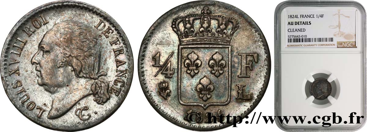 1/4 franc Louis XVIII 1824 Bayonne F.163/33 AU NGC