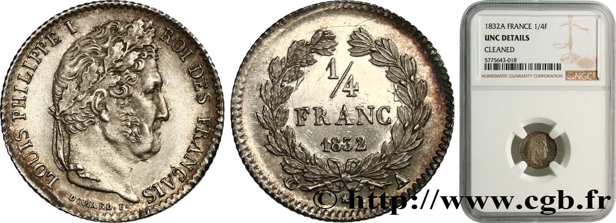 1/4 franc Louis-Philippe 1832 Paris F.166/12 SUP+ NGC