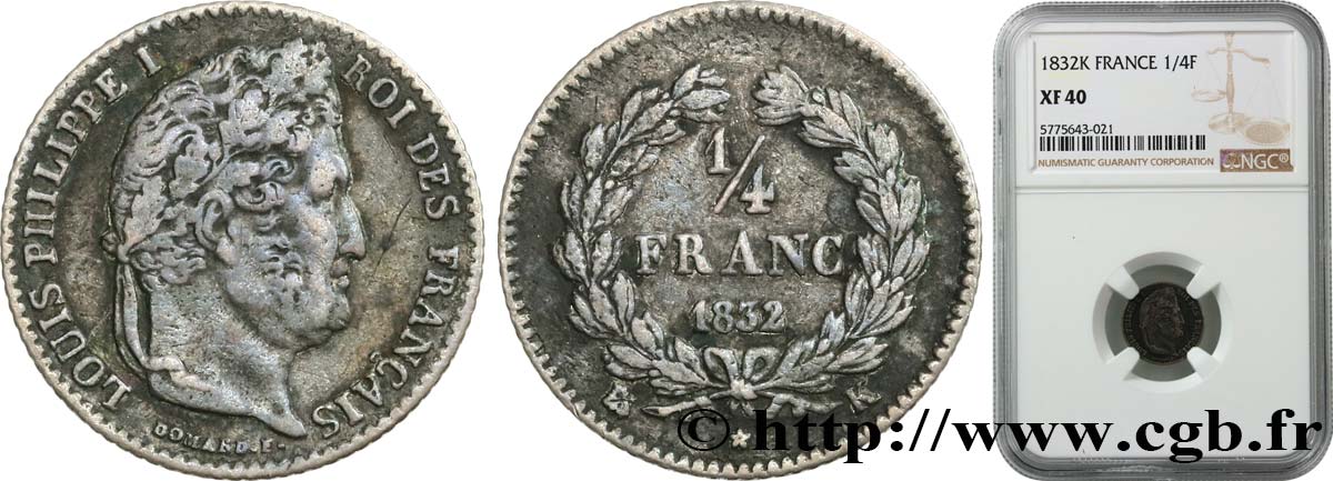 1/4 franc Louis-Philippe 1832 Bordeaux F.166/22 XF40 NGC