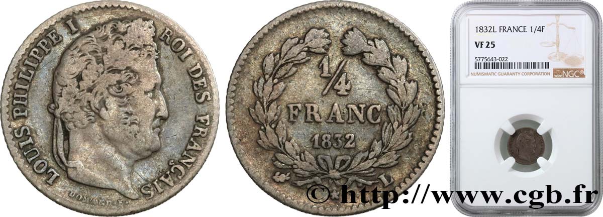 1/4 franc Louis-Philippe 1832 Bayonne F.166/23 VF25 NGC