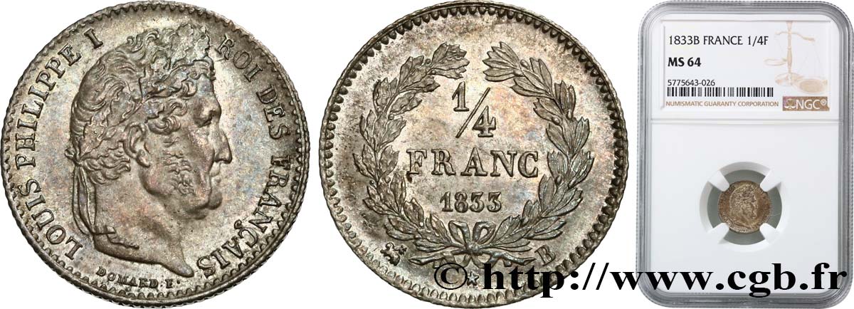 1/4 franc Louis-Philippe 1833 Rouen F.166/31 MS64 NGC
