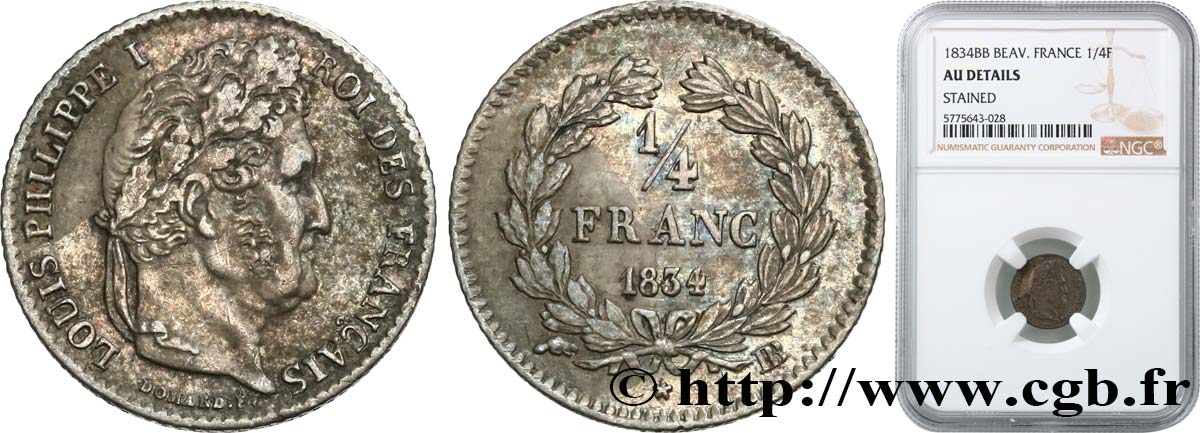 1/4 franc Louis-Philippe 1834 Strasbourg F.166/39 AU NGC
