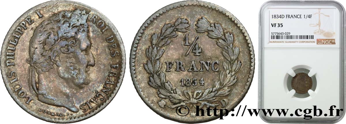 1/4 franc Louis-Philippe 1834 Lyon F.166/40 MB35 NGC