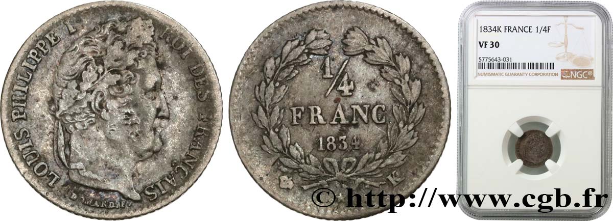 1/4 franc Louis-Philippe 1834 Bordeaux F.166/43 TB30 NGC