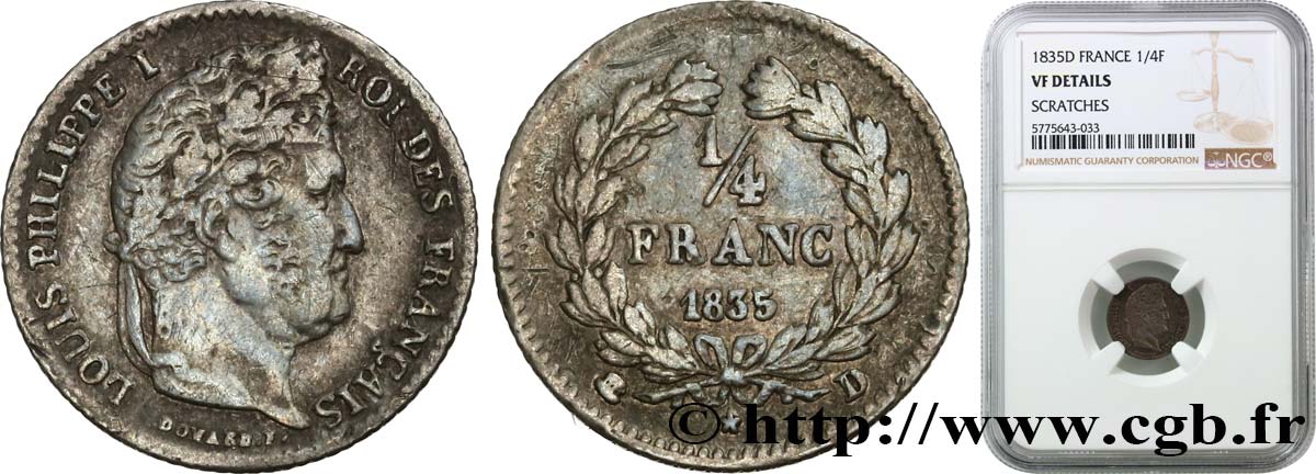 1/4 franc Louis-Philippe 1835 Lyon F.166/52 VF NGC