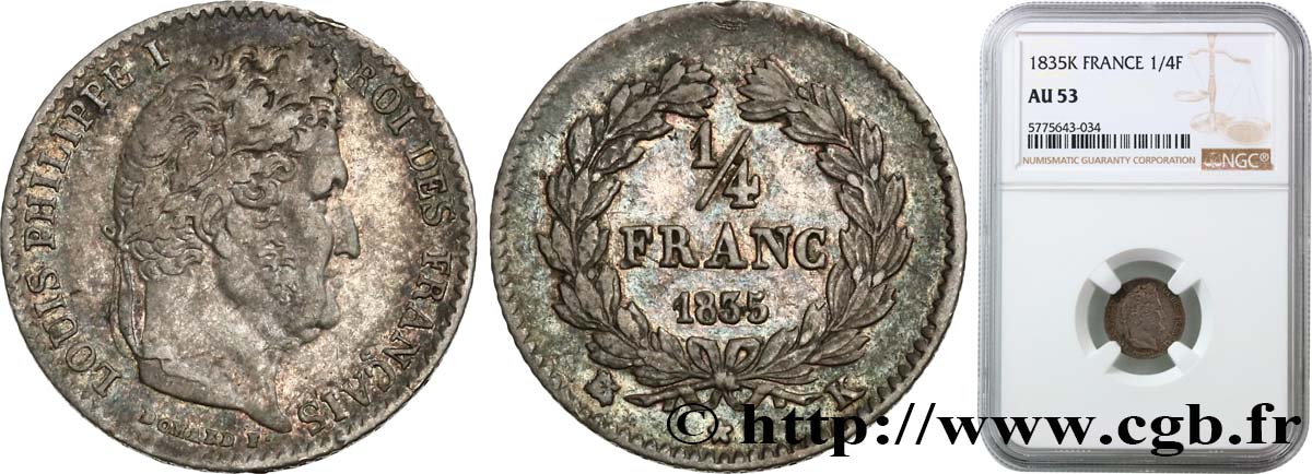 1/4 franc Louis-Philippe 1835 Bordeaux F.166/55 AU53 NGC