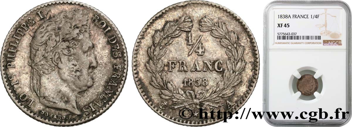 1/4 franc Louis-Philippe 1838 Paris F.166/69 TTB45 NGC