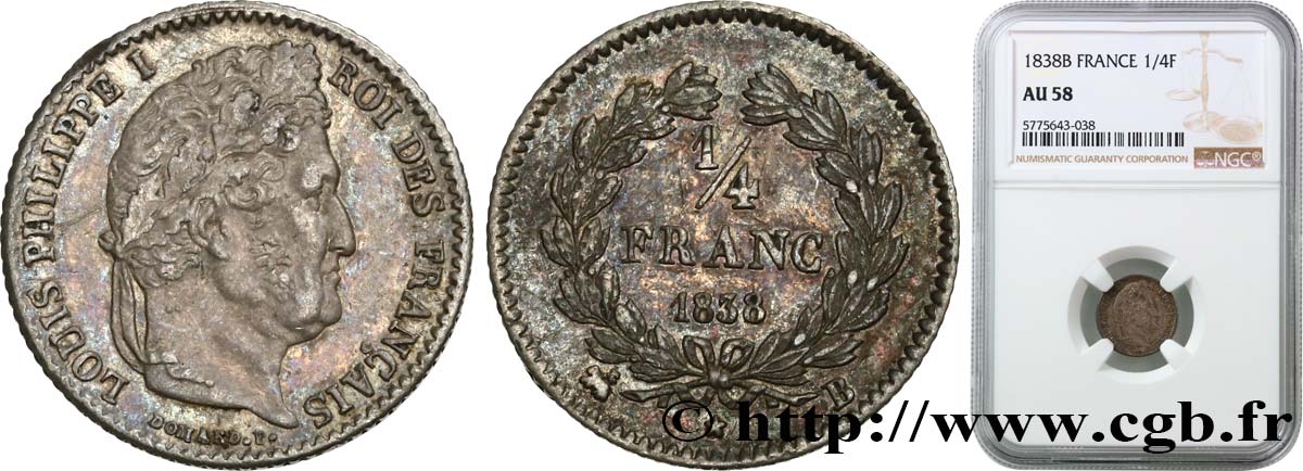 1/4 franc Louis-Philippe 1838 Rouen F.166/70 AU58 NGC