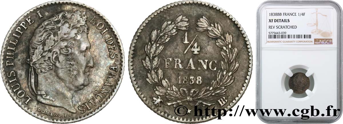 1/4 franc Louis-Philippe 1838 Strasbourg F.166/71 SS NGC