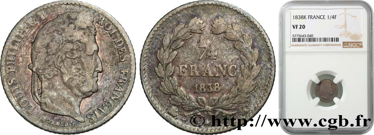 1/4 franc Louis-Philippe 1838 Bordeaux F.166/72 TB20 NGC